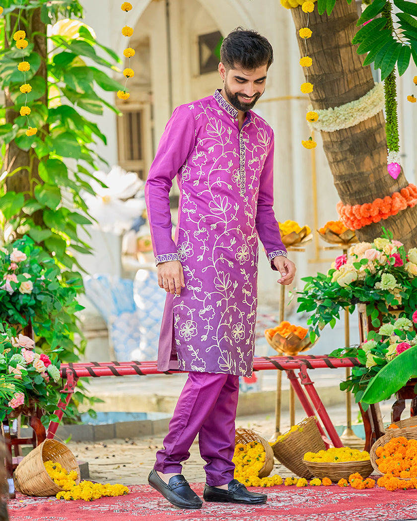 Royal Orchid Floral Embroidered Kurta Set