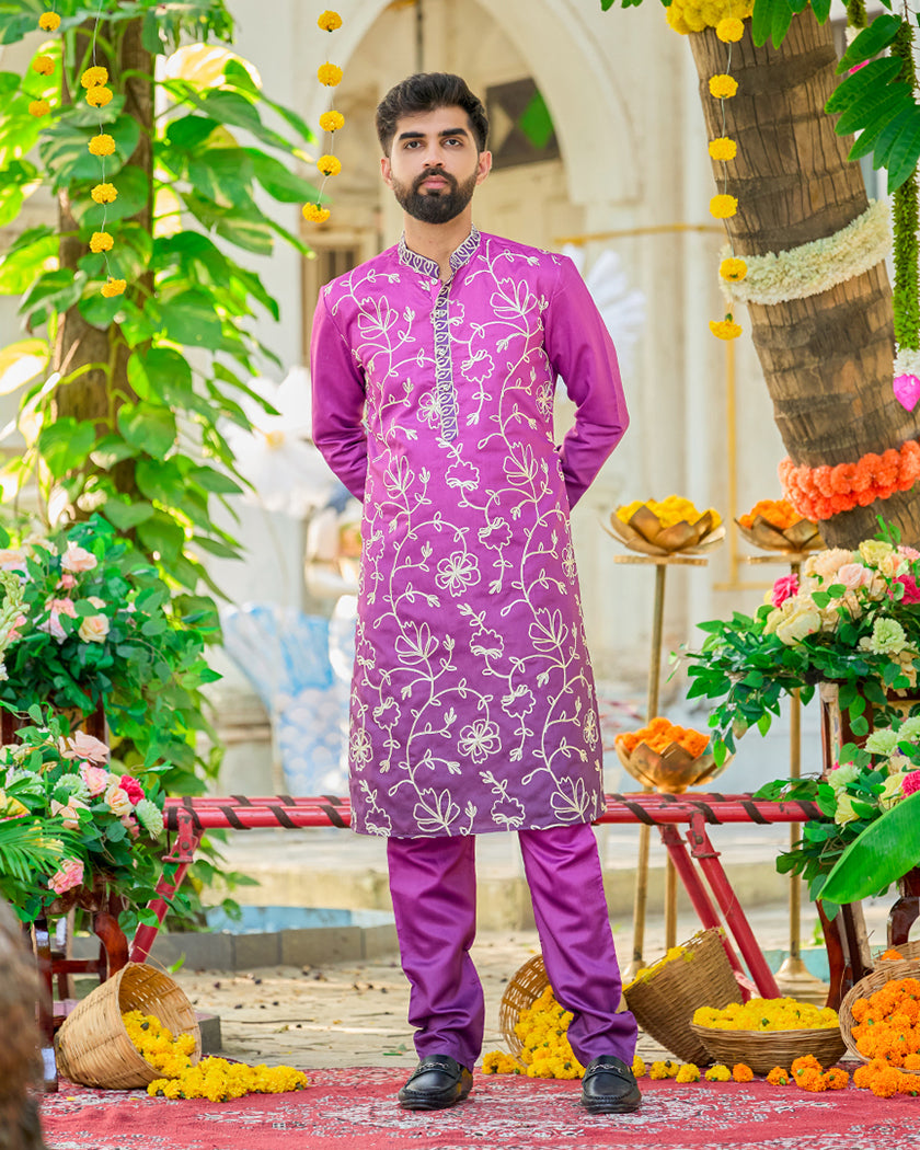 Royal Orchid Floral Embroidered Kurta Set