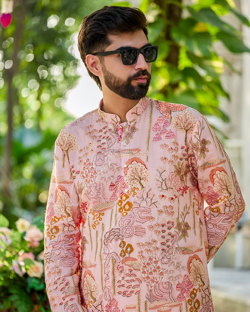Heritage Floral Blush Embroidered Kurta.
