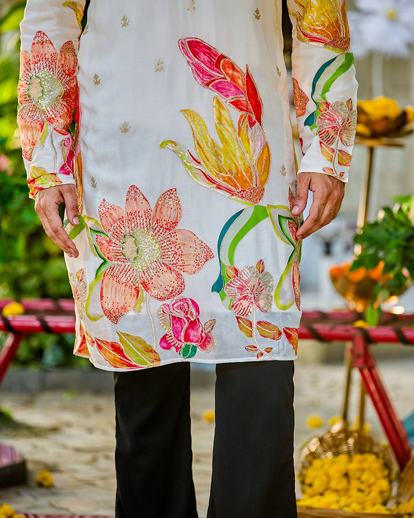 Noir Petal Ivory Embroidered Kurta