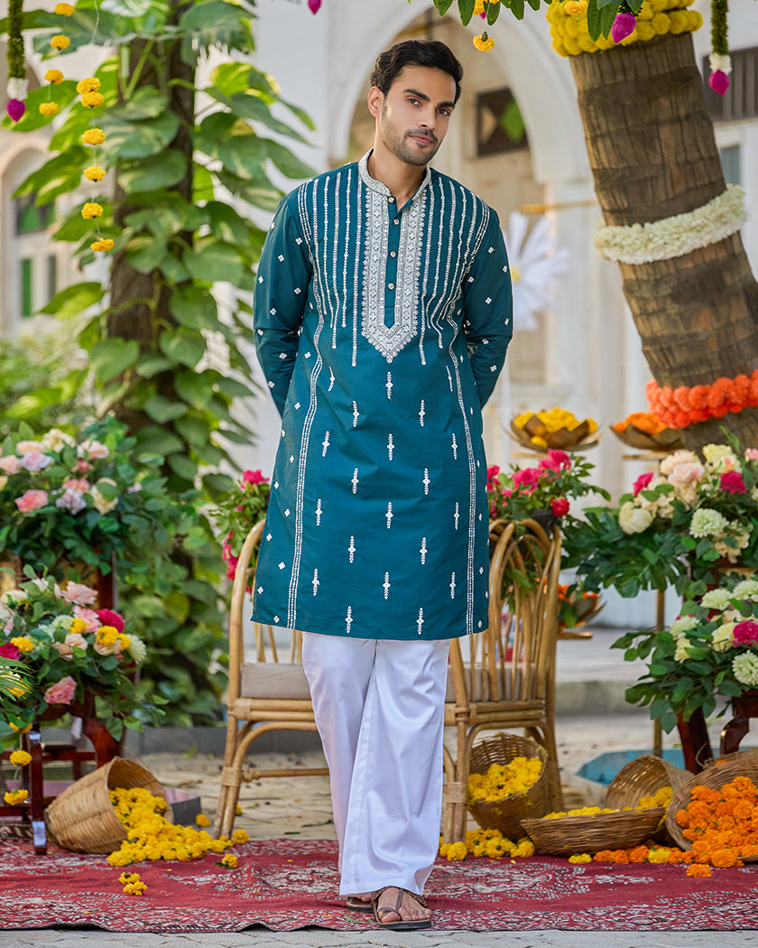 Monarch-Teal Embroidered Kurta.