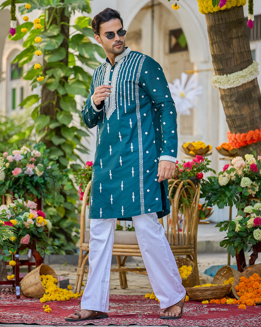 Monarch-Teal Embroidered Kurta.