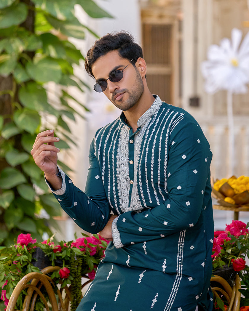 Monarch-Teal Embroidered Kurta.
