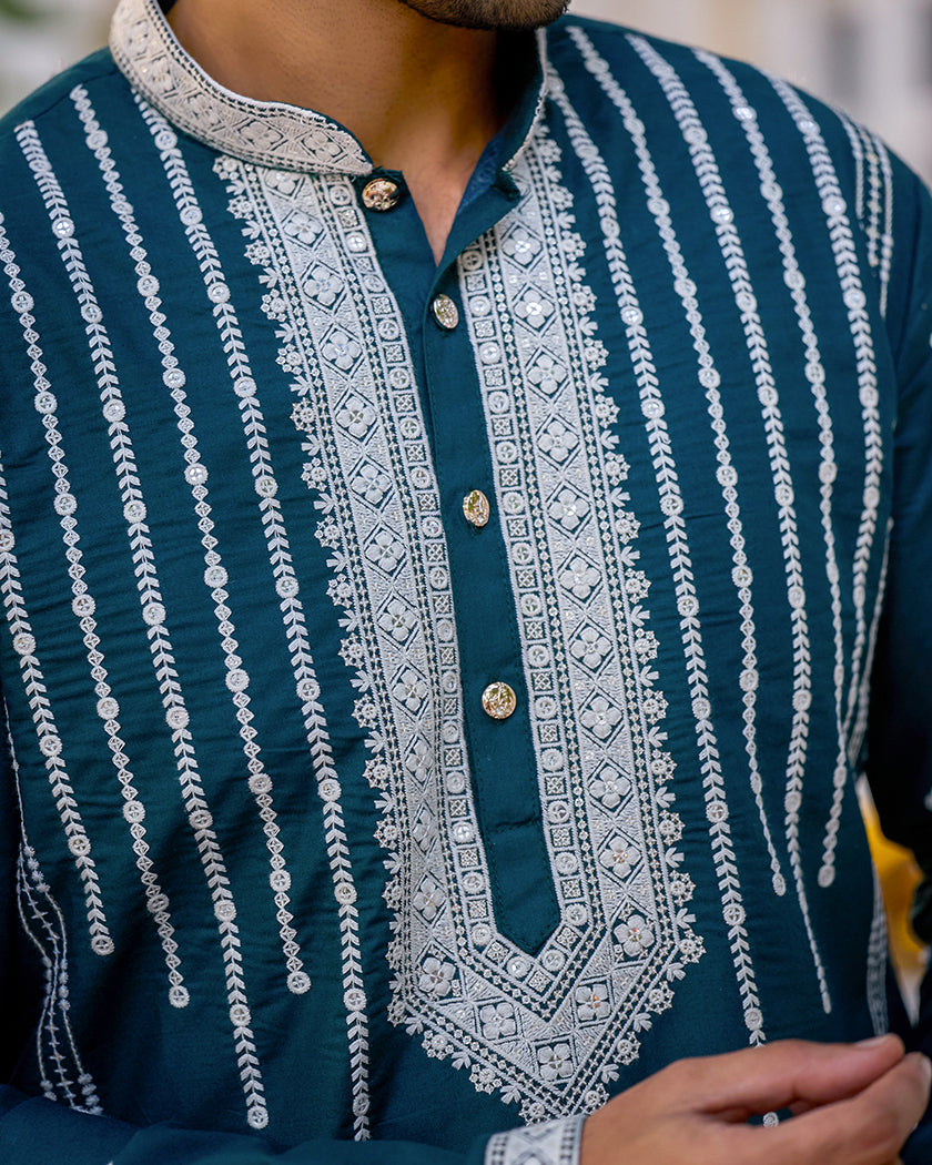 Monarch-Teal Embroidered Kurta.