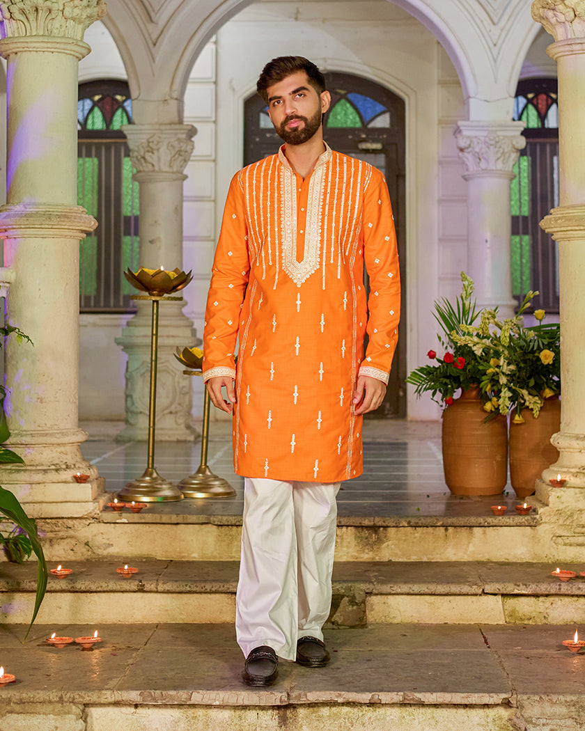 Heritage-Saffron Embroidered Kurta.