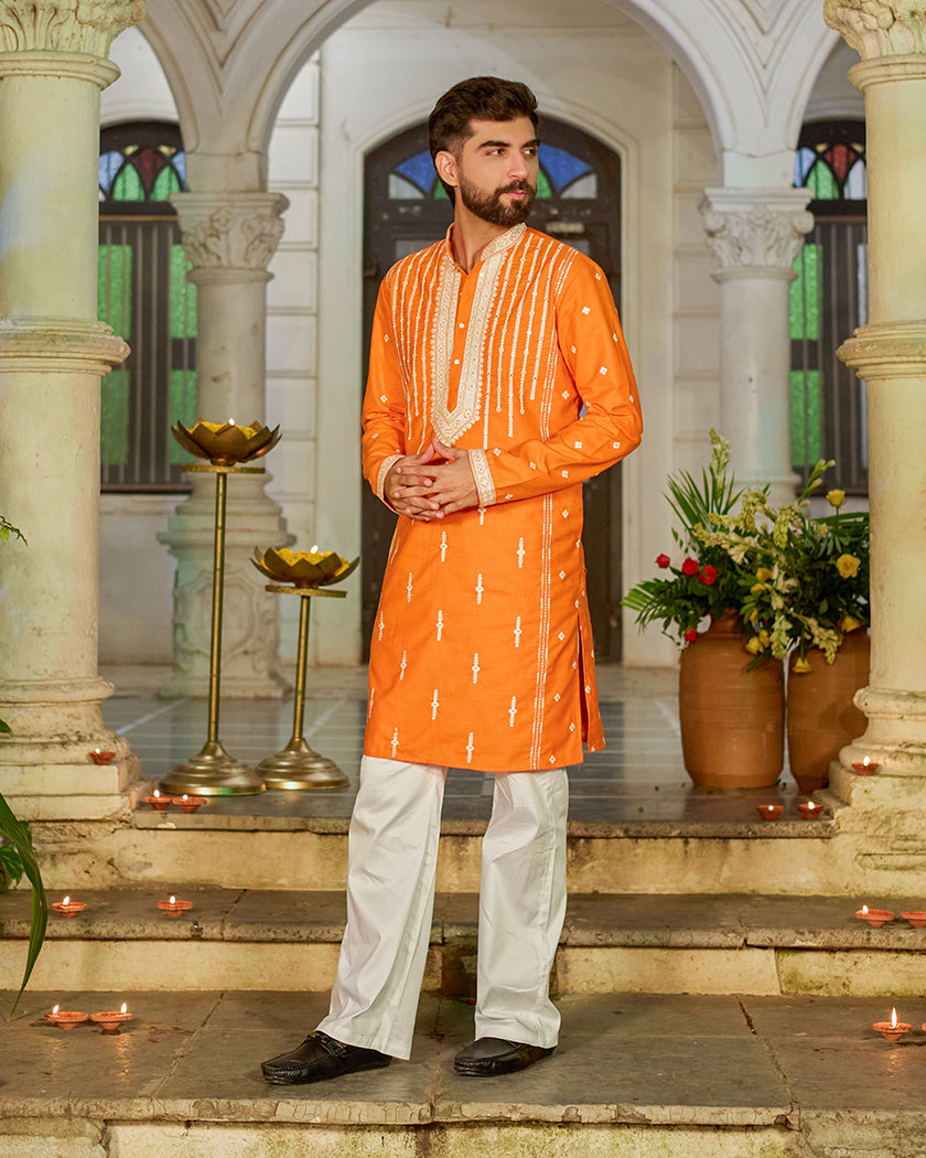 Heritage-Saffron Embroidered Kurta.