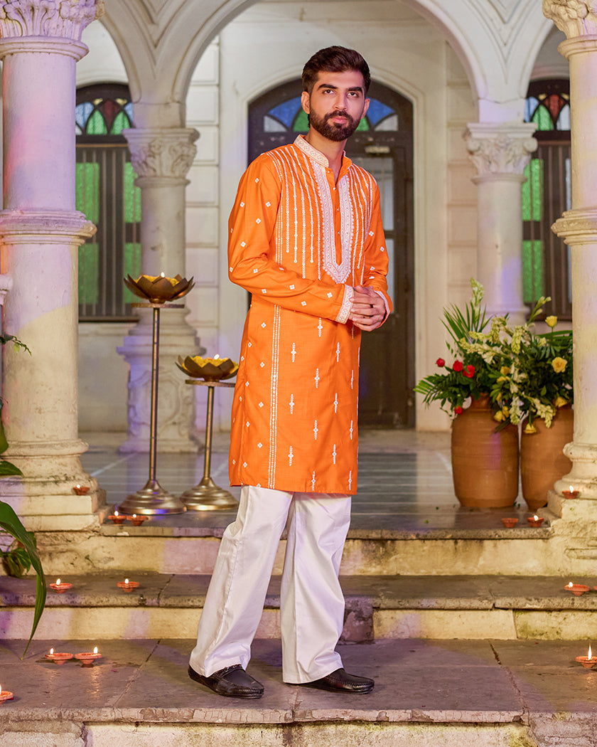 Heritage-Saffron Embroidered Kurta.