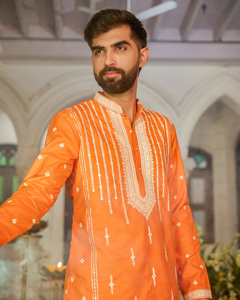 Heritage-Saffron Embroidered Kurta.