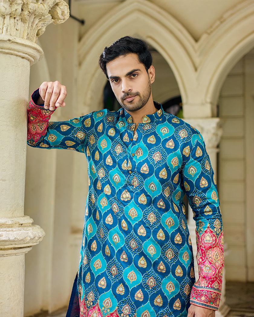 Royal Blue Bandhani Jacquard Kurta