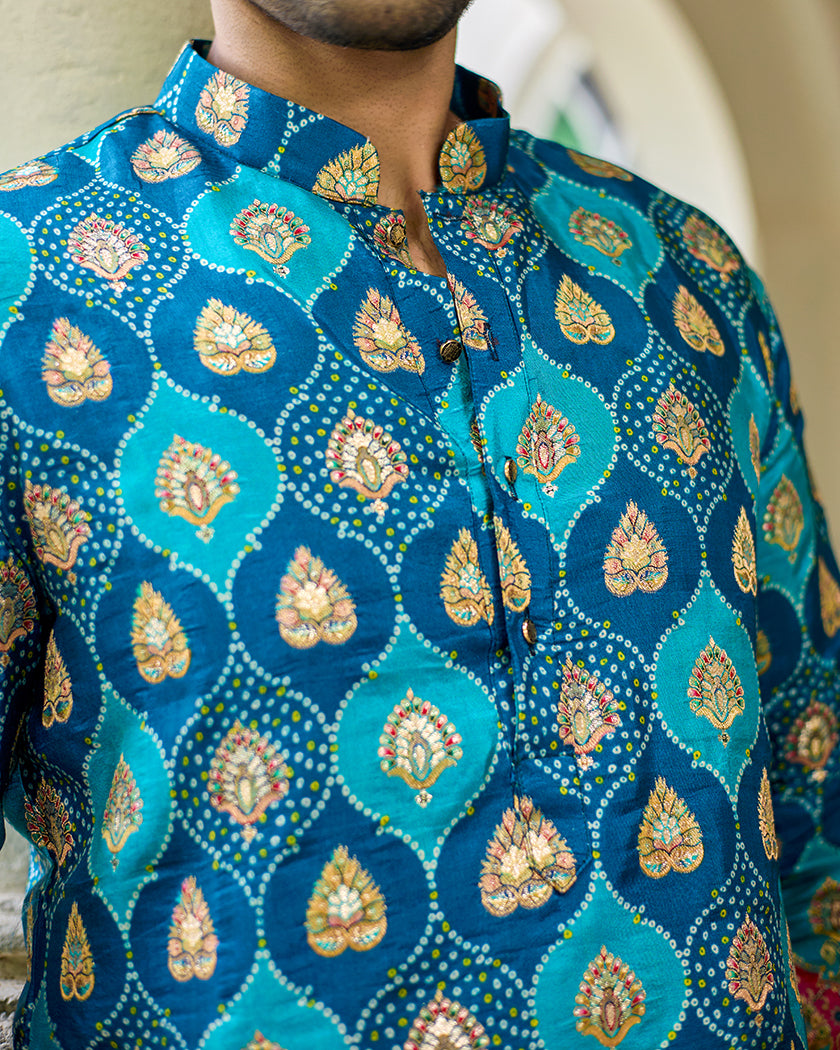 Royal Blue Bandhani Jacquard Kurta