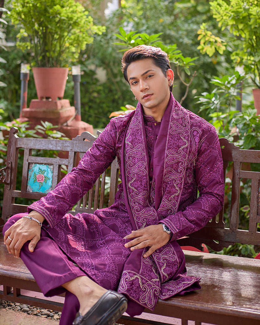Sovereign Grace Wine Embroidered Kurta with Stole