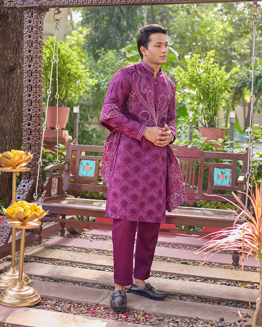 Sovereign Grace Wine Embroidered Kurta with Stole