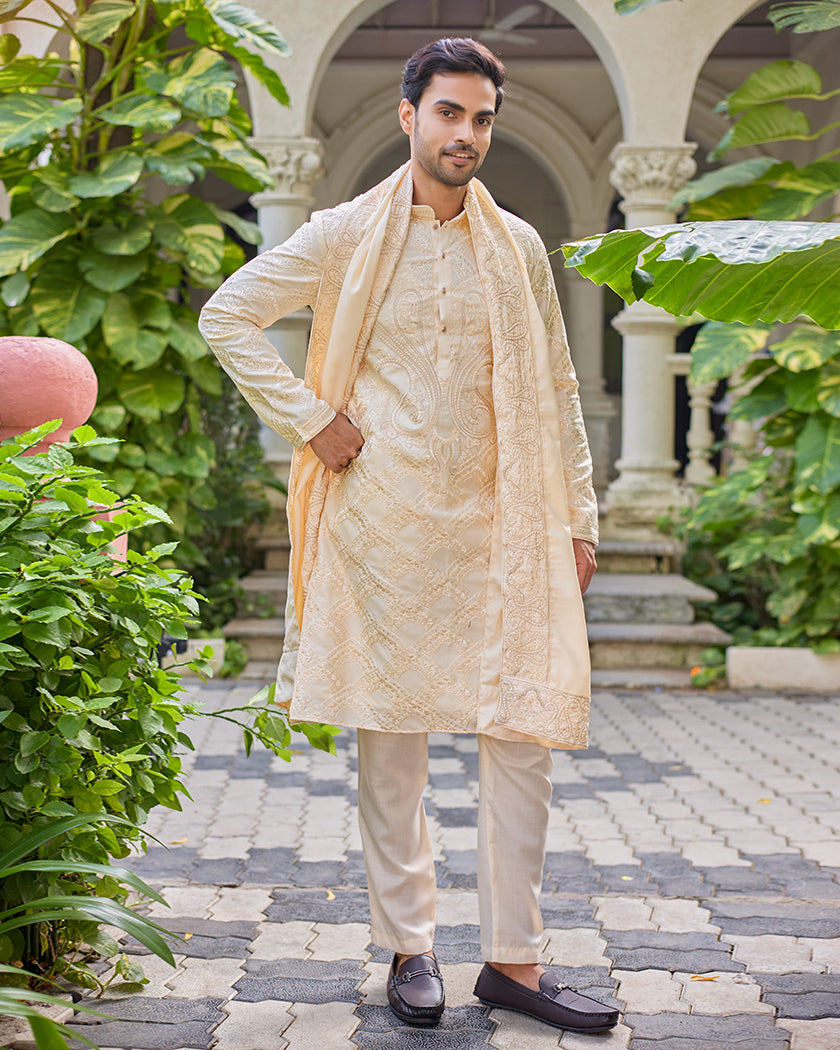 Sovereign Grace Cream Embroidered Kurta with Stole