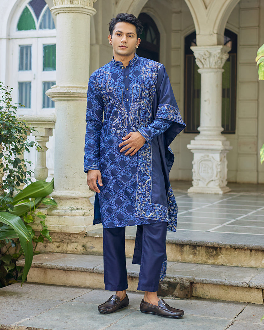 Sovereign Grace Navy Blue Embroidered Kurta with Stole