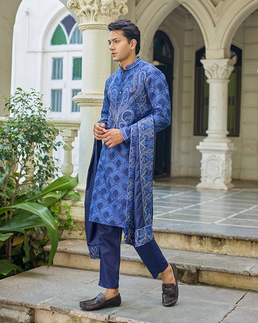 Sovereign Grace Navy Blue Embroidered Kurta with Stole