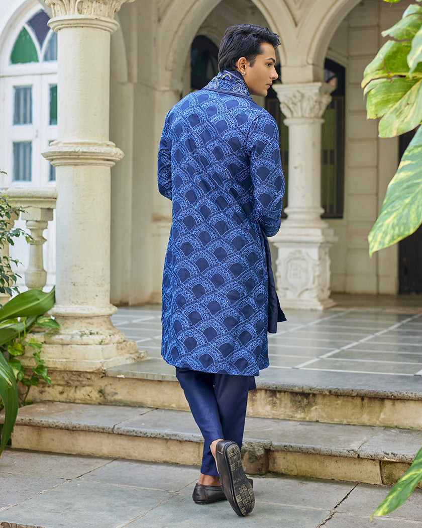 Sovereign Grace Navy Blue Embroidered Kurta with Stole