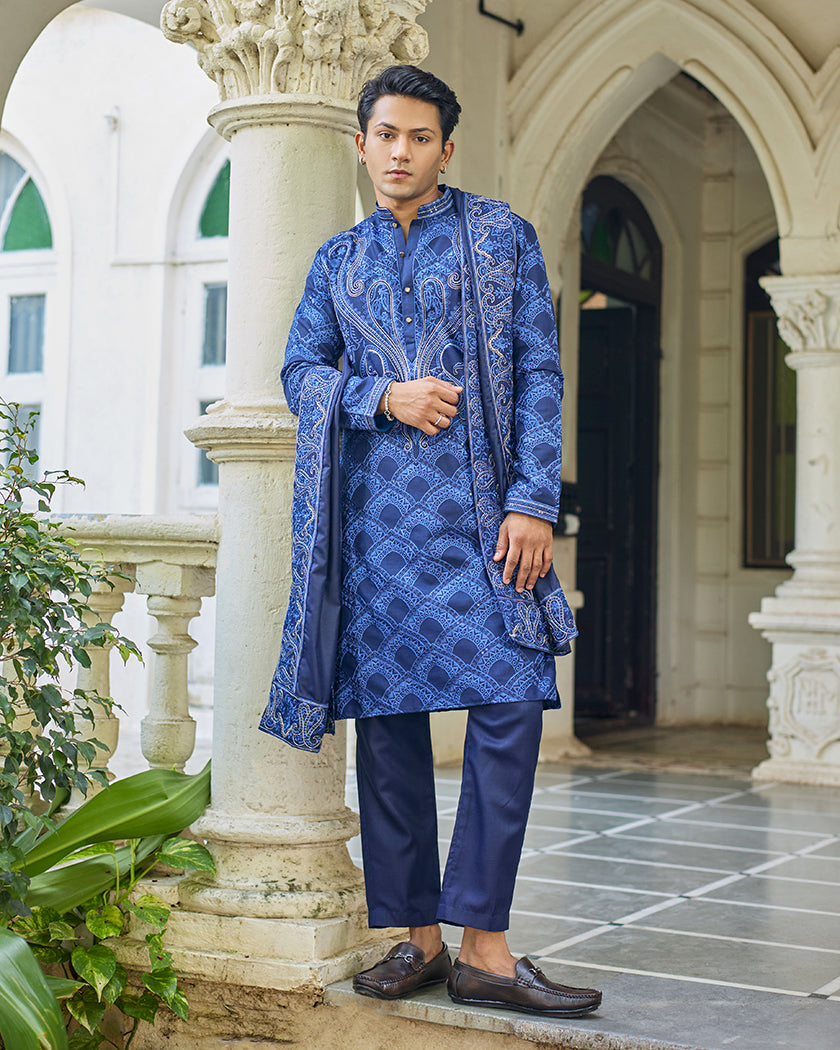Sovereign Grace Navy Blue Embroidered Kurta with Stole