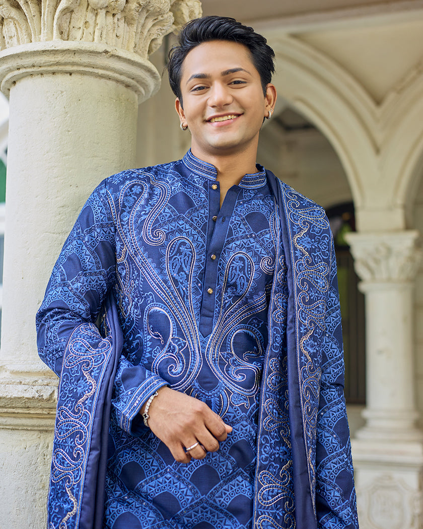 Sovereign Grace Navy Blue Embroidered Kurta with Stole