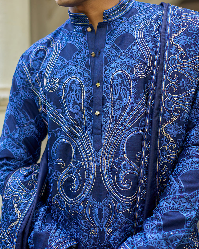 Sovereign Grace Navy Blue Embroidered Kurta with Stole