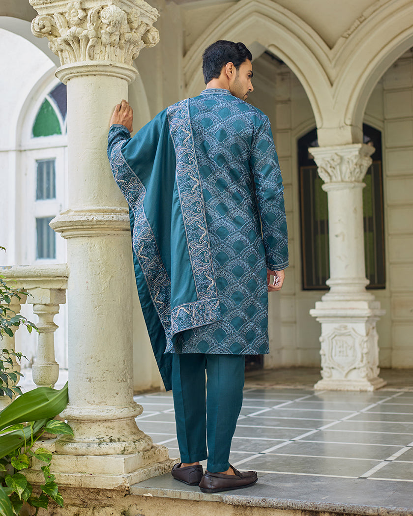 Sovereign Grace Bottle Green Embroidered Kurta with Stole