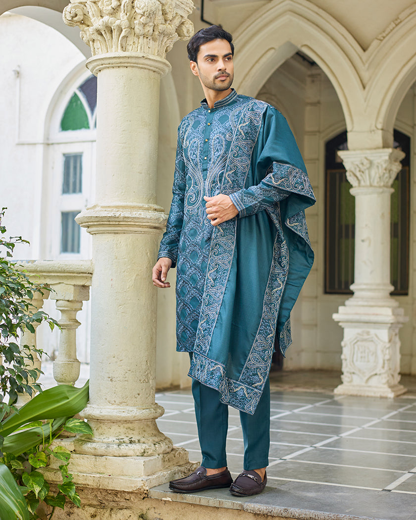 Sovereign Grace Bottle Green Embroidered Kurta with Stole