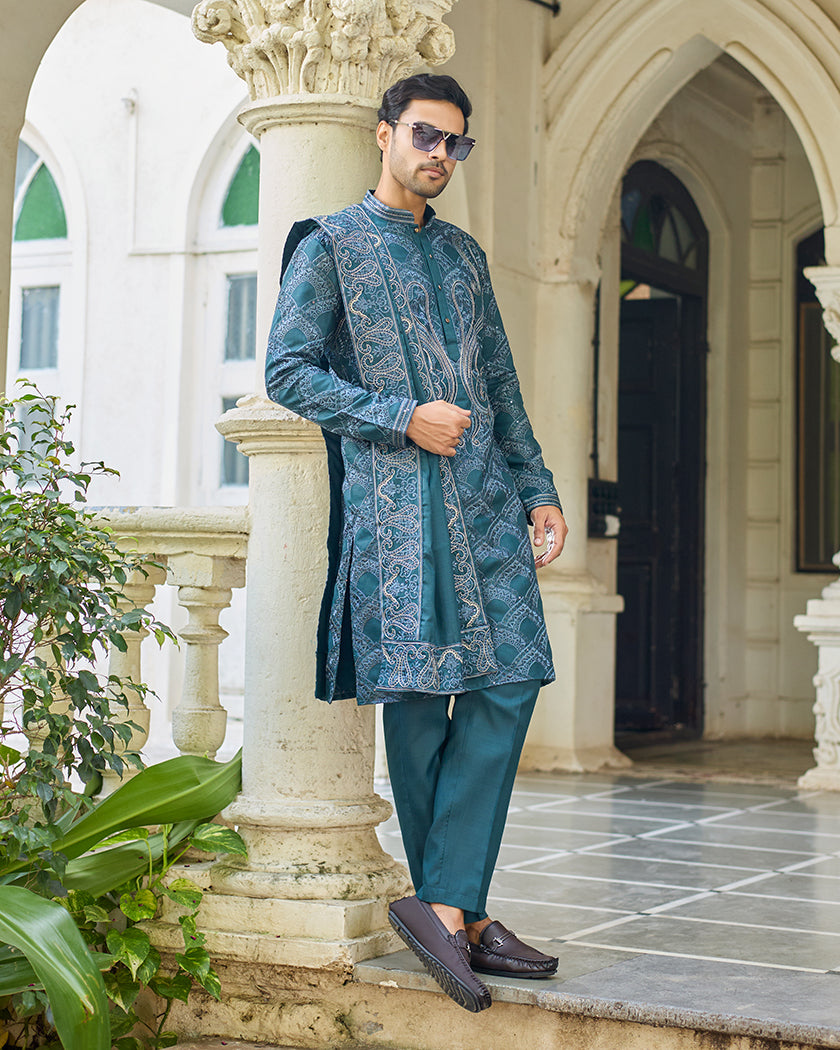 Sovereign Grace Bottle Green Embroidered Kurta with Stole