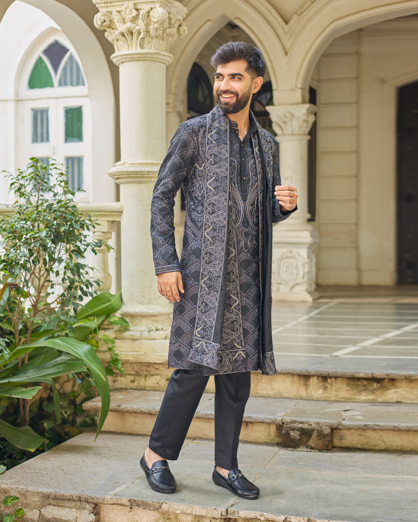 Sovereign Grace Black Embroidered Kurta with Stole