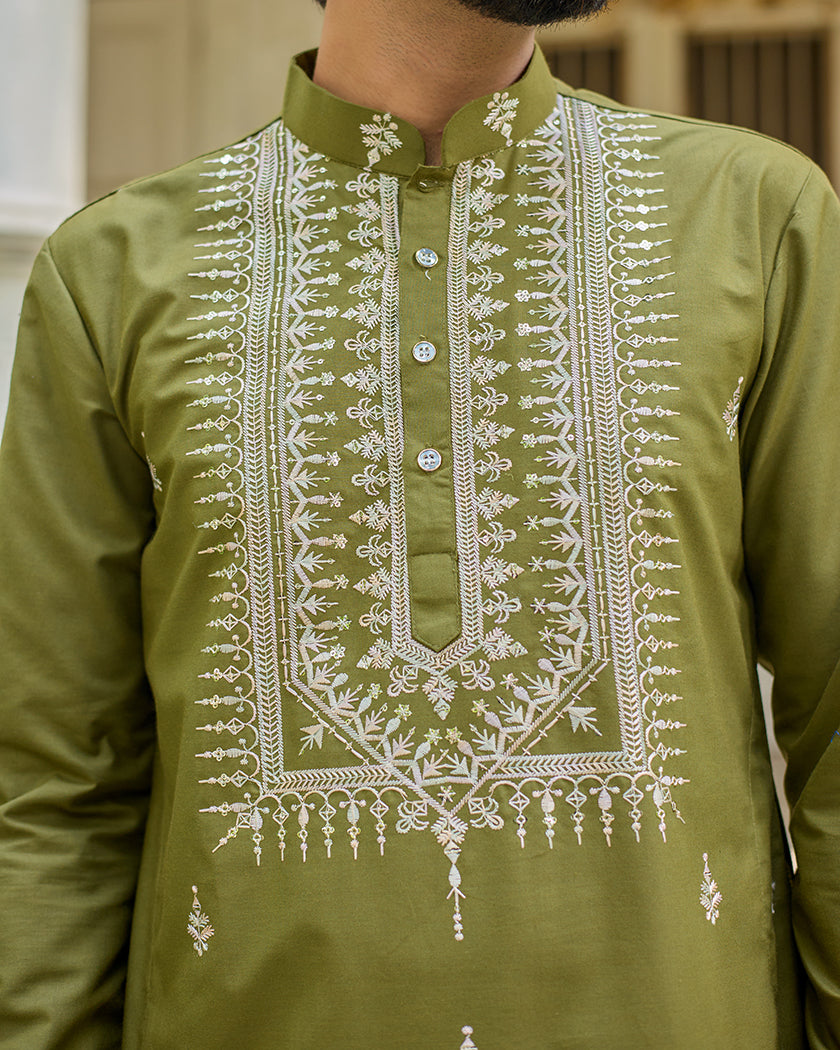 Regal Thread Olive Embroidered Kurta