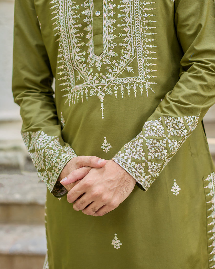 Regal Thread Olive Embroidered Kurta