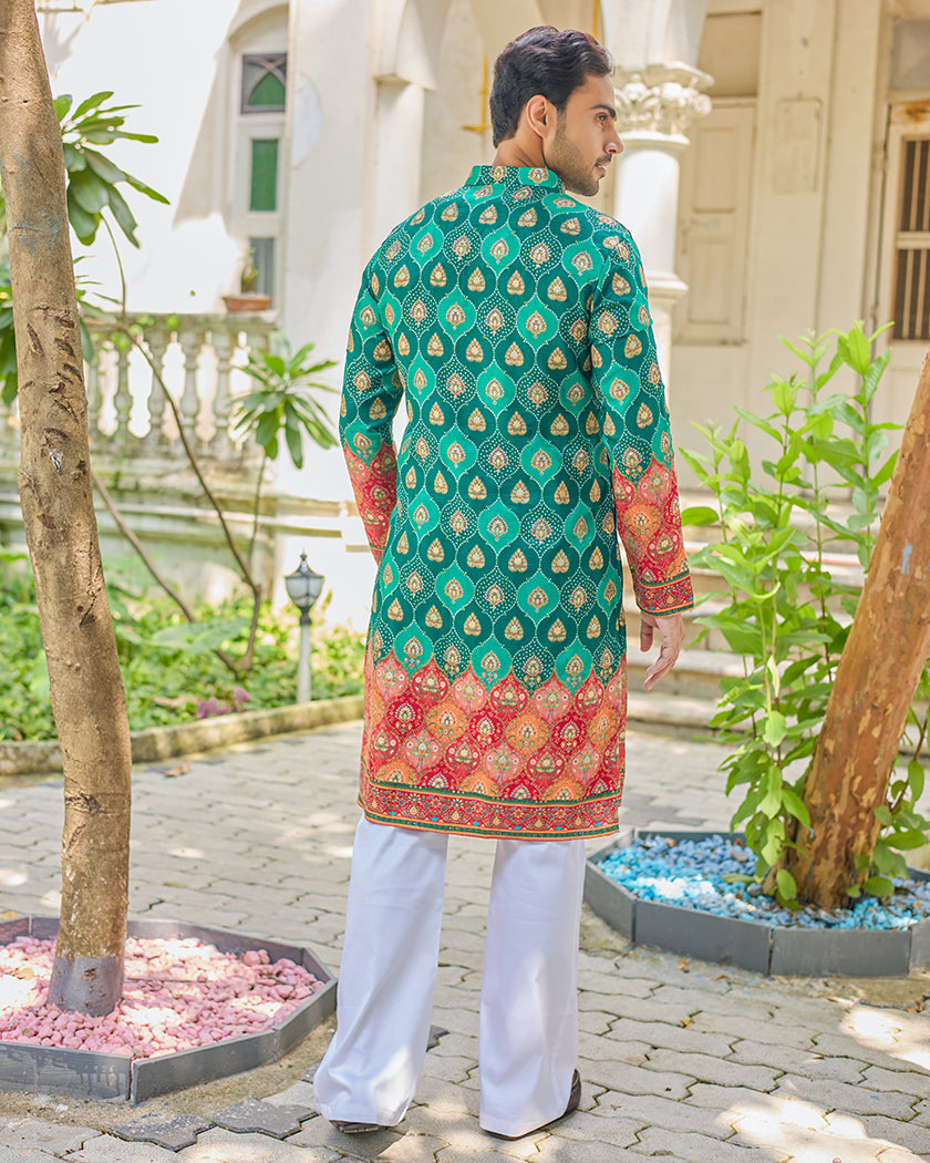 Green Jacquard Embroidered Kurta