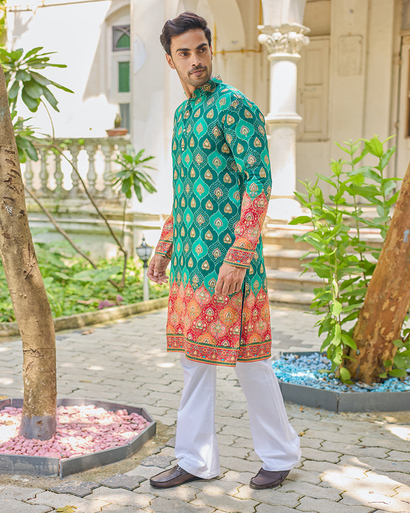 Green Jacquard Embroidered Kurta