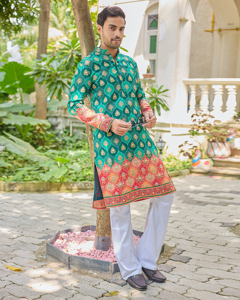 Green Jacquard Embroidered Kurta
