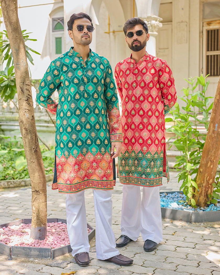 Green Jacquard Embroidered Kurta