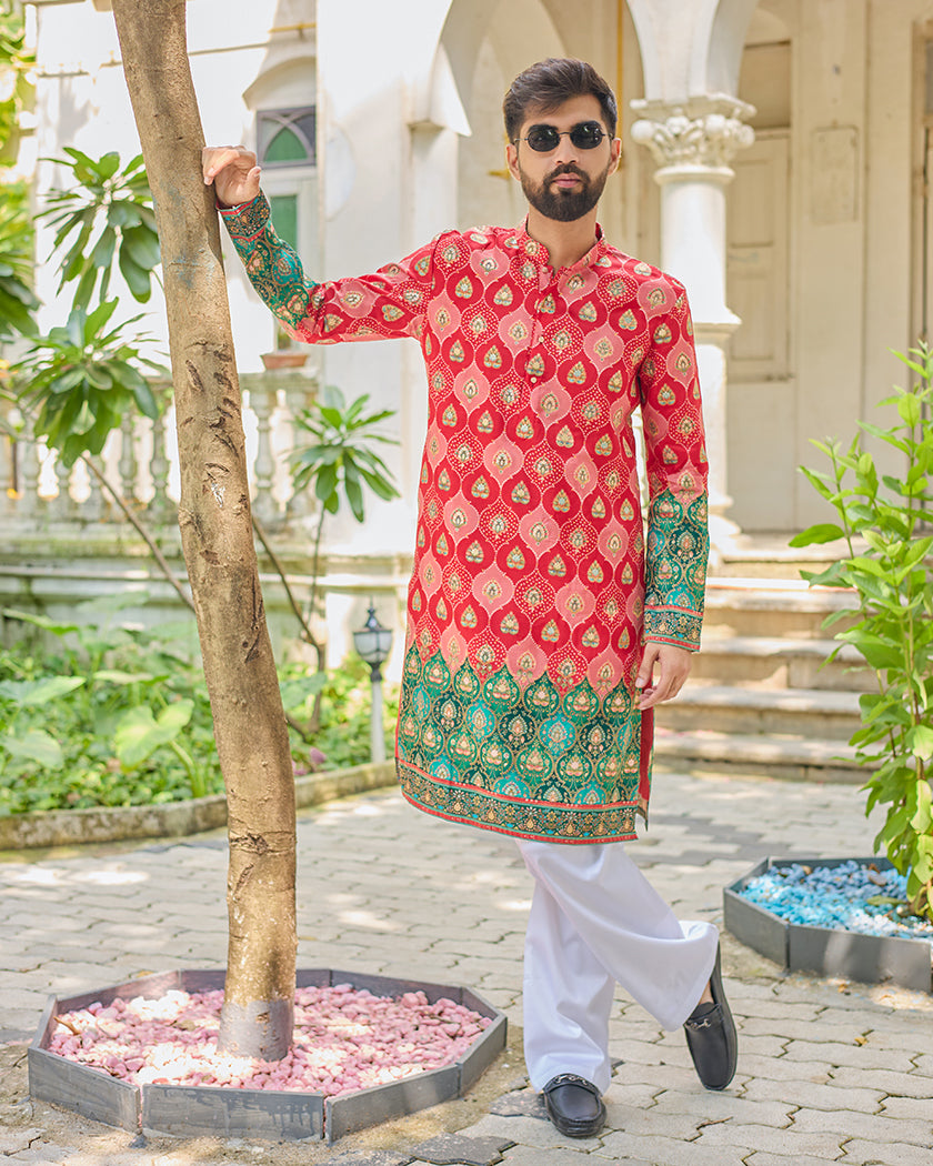 Red Bandhani Jacquard Embroidered Kurta