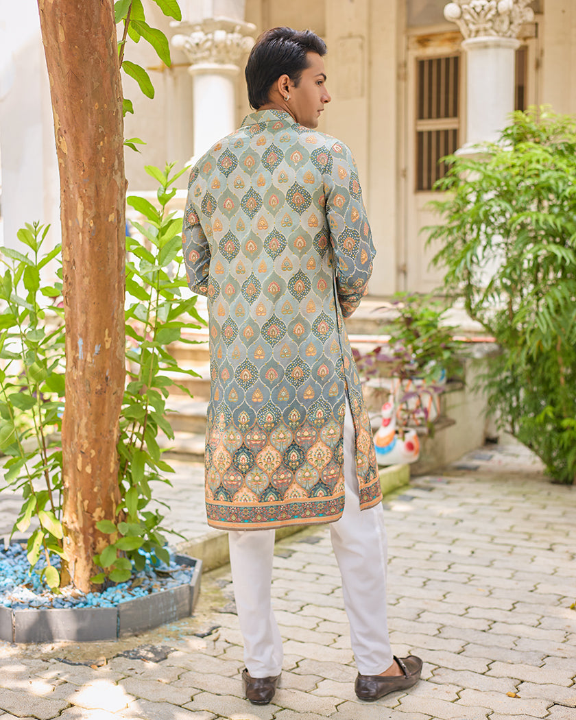 Grey Bandhani Jacquard Embroidered Kurta.