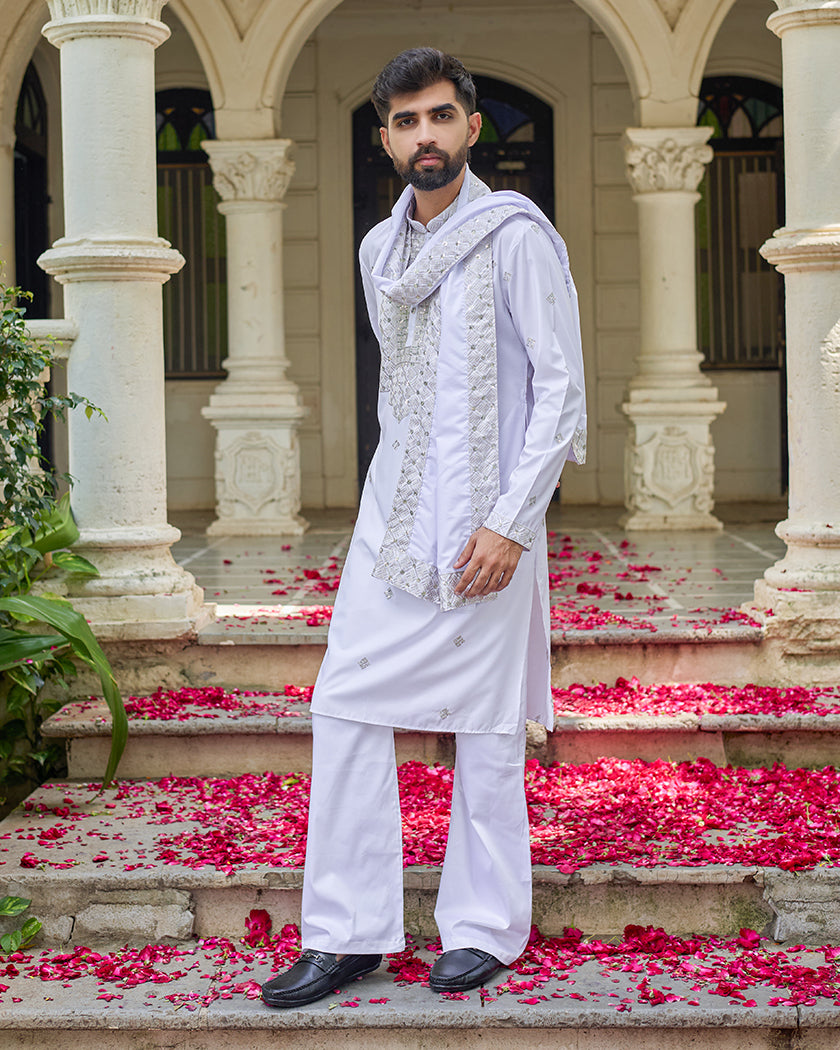 White Blue Embroidered Kurta with Dupatta and Pant Set