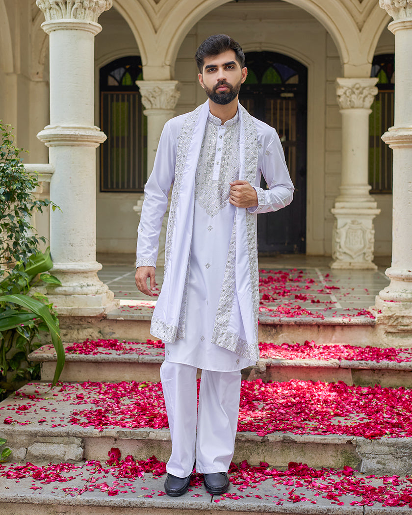 White Blue Embroidered Kurta with Dupatta and Pant Set