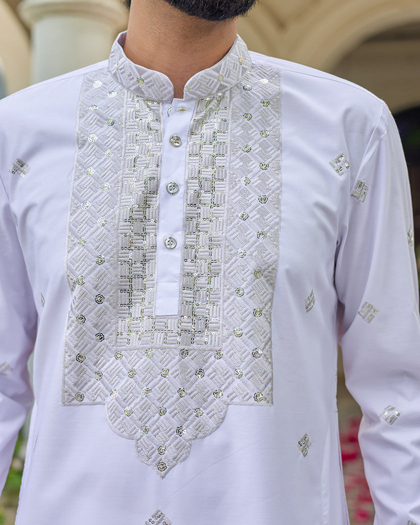 White Blue Embroidered Kurta with Dupatta and Pant Set