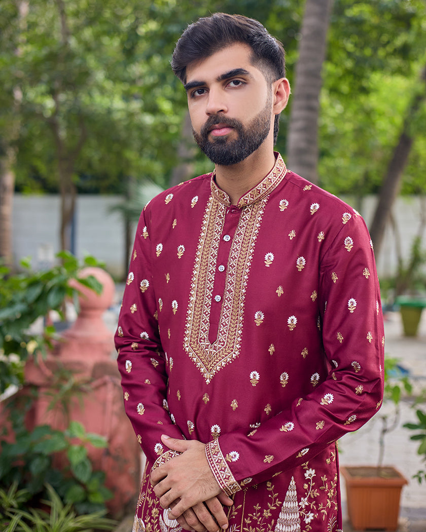 Royal Garnet Embroidered Kurta.