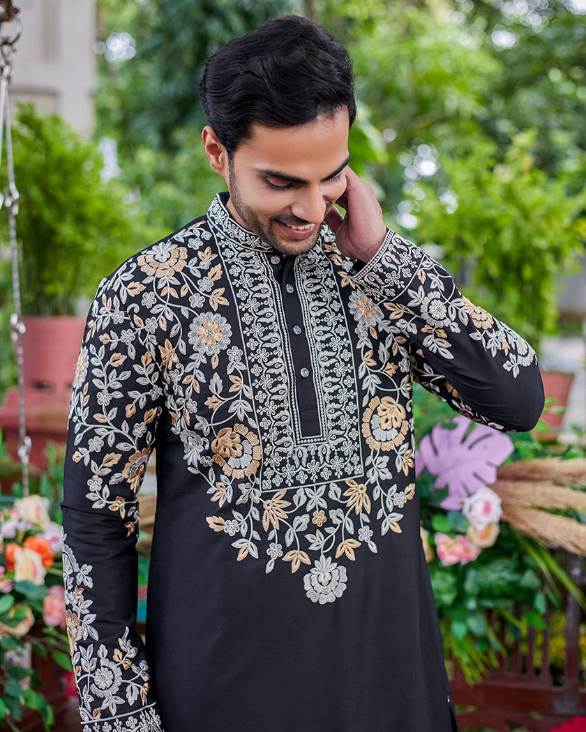 Noir Majesty Embroidered Black Kurta