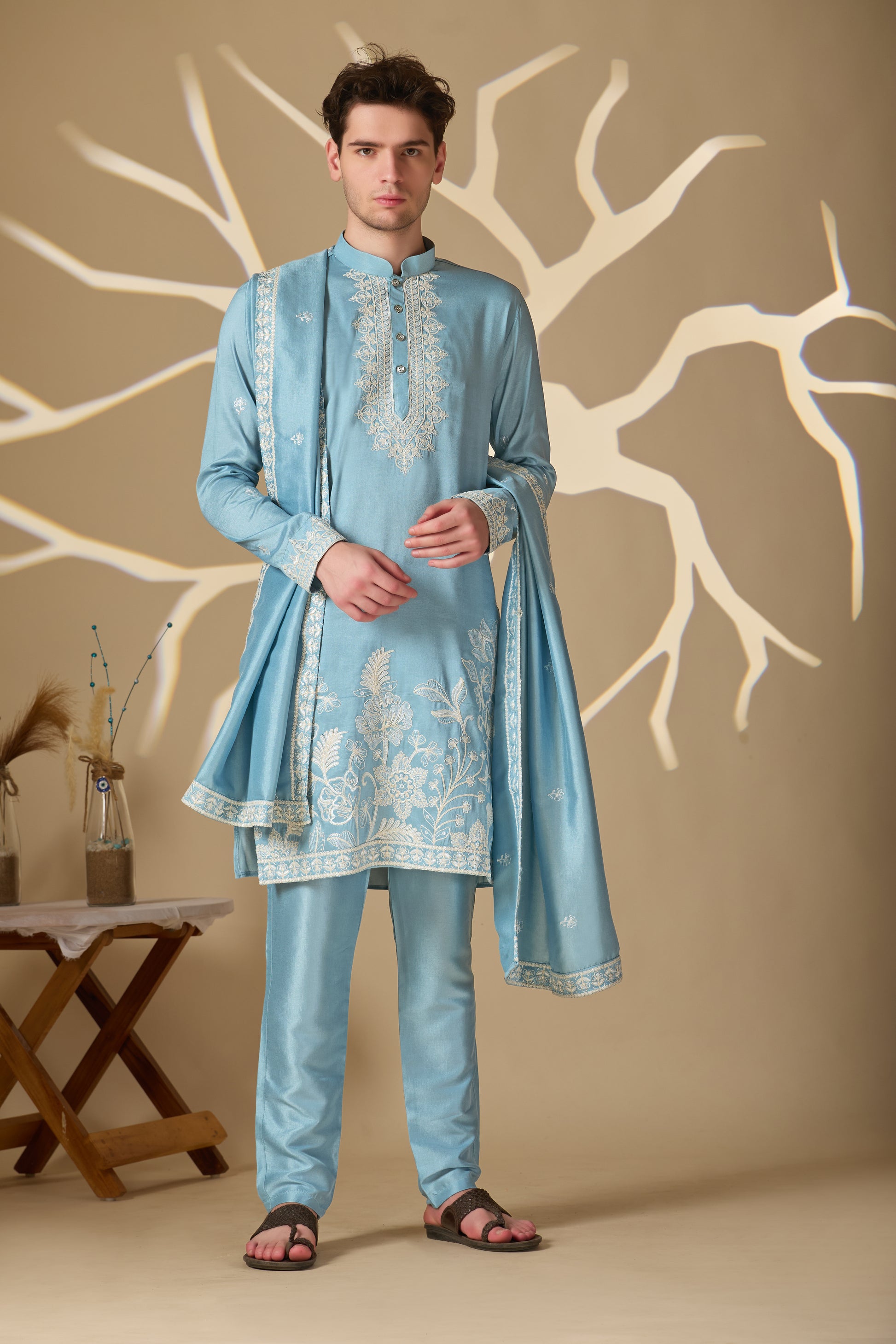 Pastel Blue Embroidered Kurta With Dupatta Pant Set.