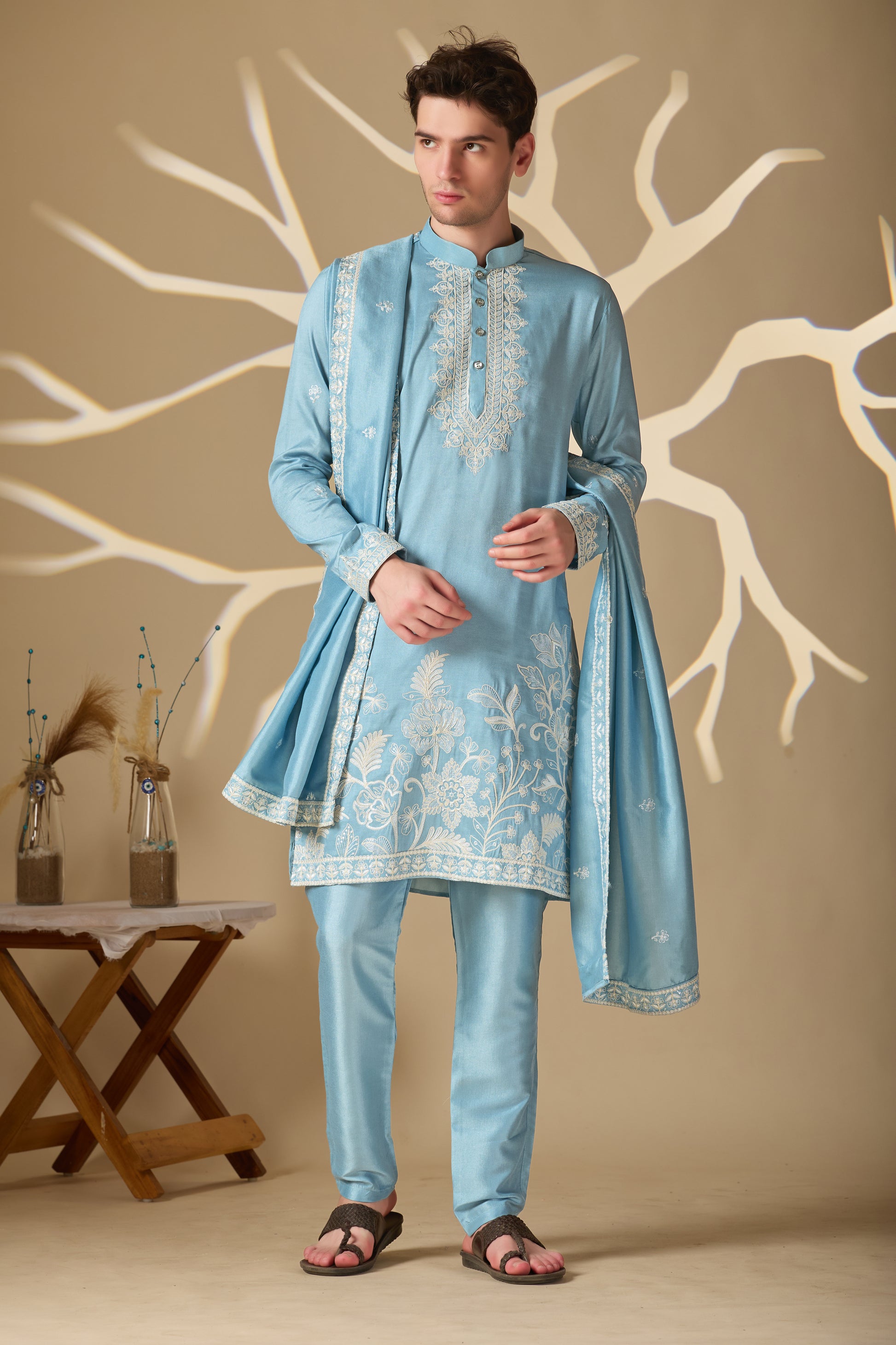 Pastel Blue Embroidered Kurta With Dupatta Pant Set.