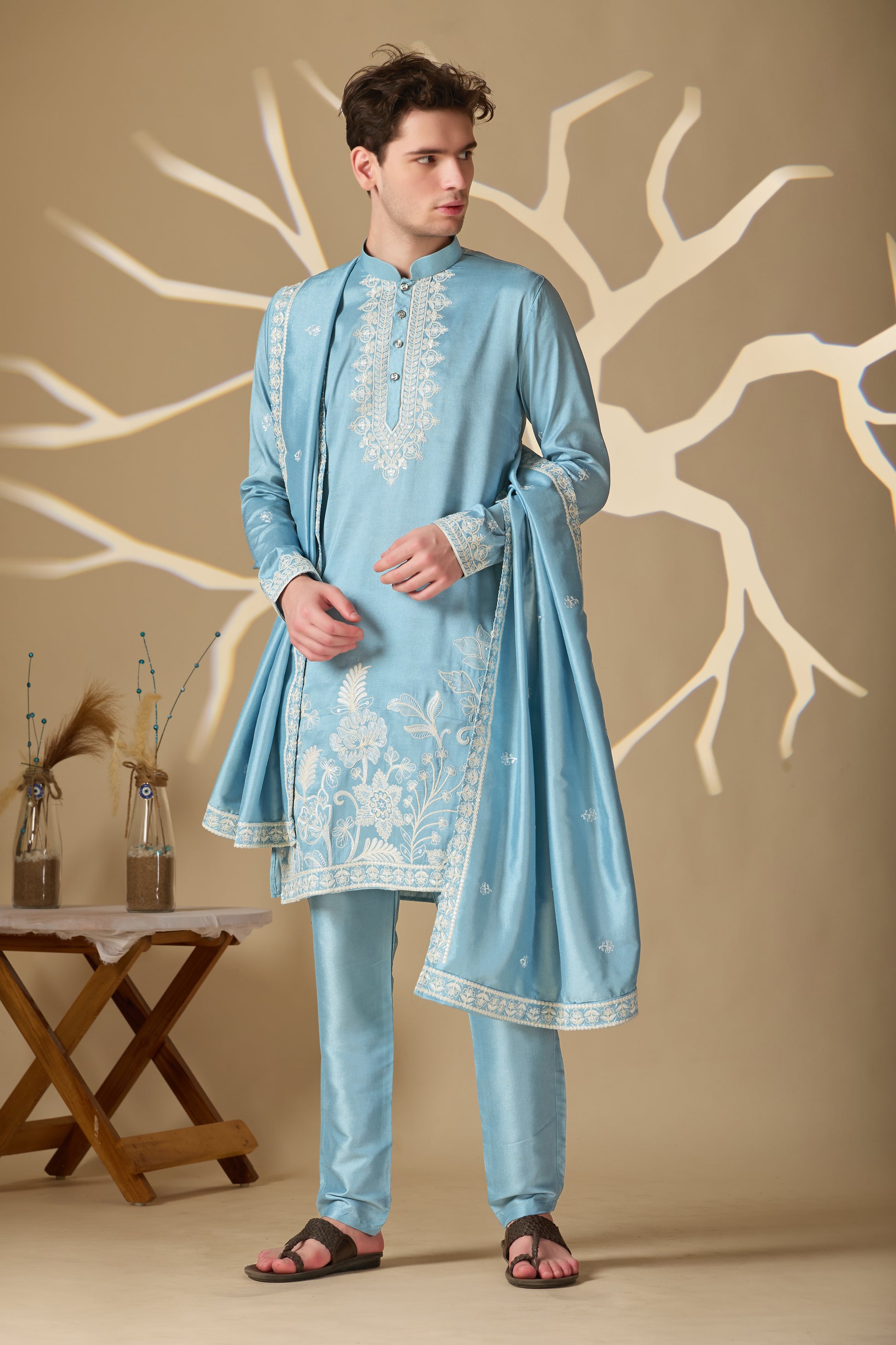 Pastel Blue Embroidered Kurta With Dupatta Pant Set.