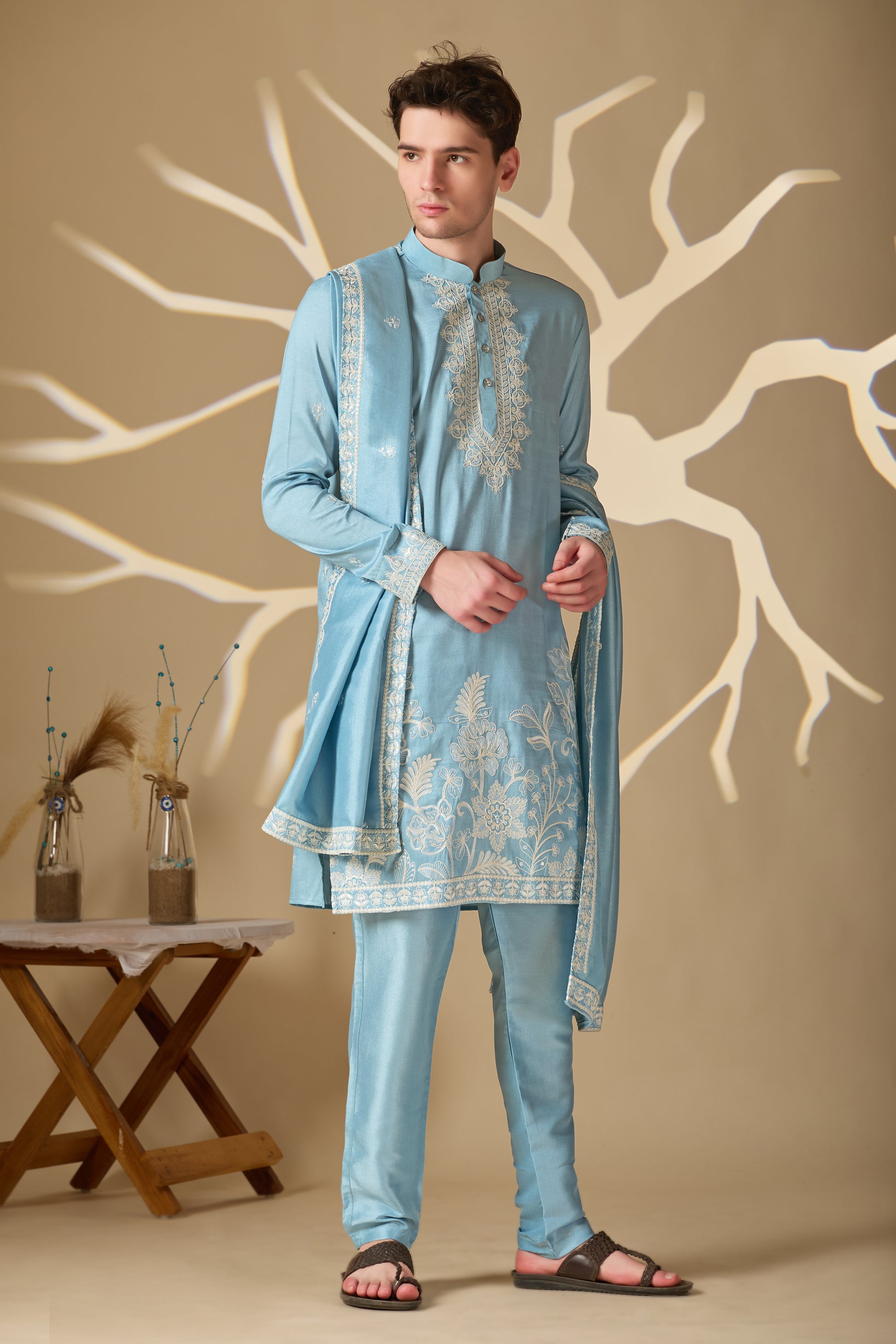 Pastel Blue Embroidered Kurta With Dupatta Pant Set.