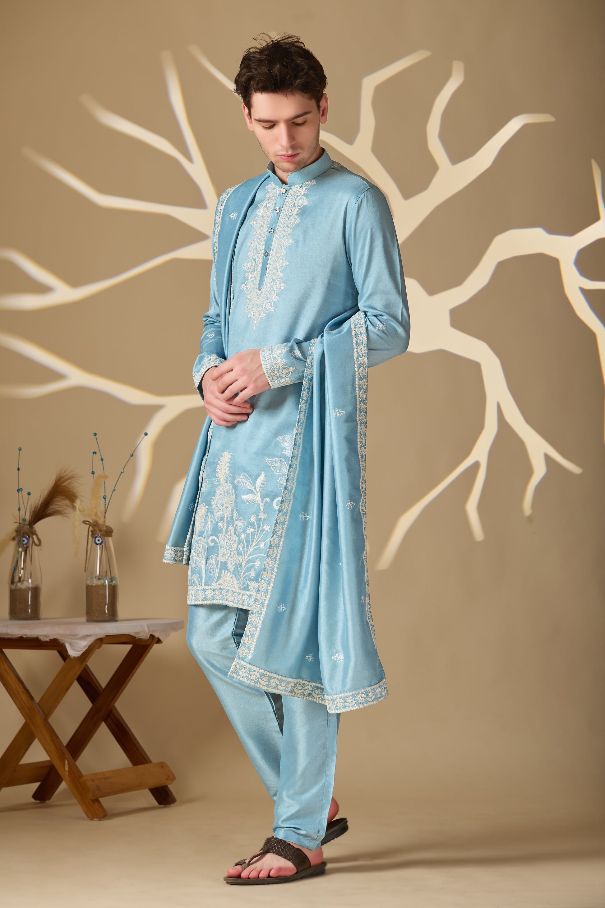 Pastel Blue Embroidered Kurta With Dupatta Pant Set.
