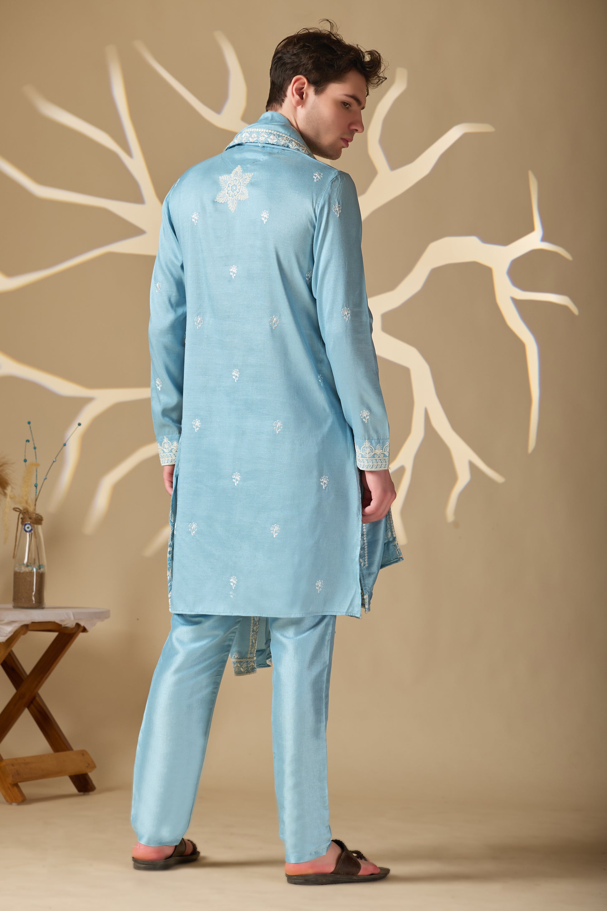 Pastel Blue Embroidered Kurta With Dupatta Pant Set.