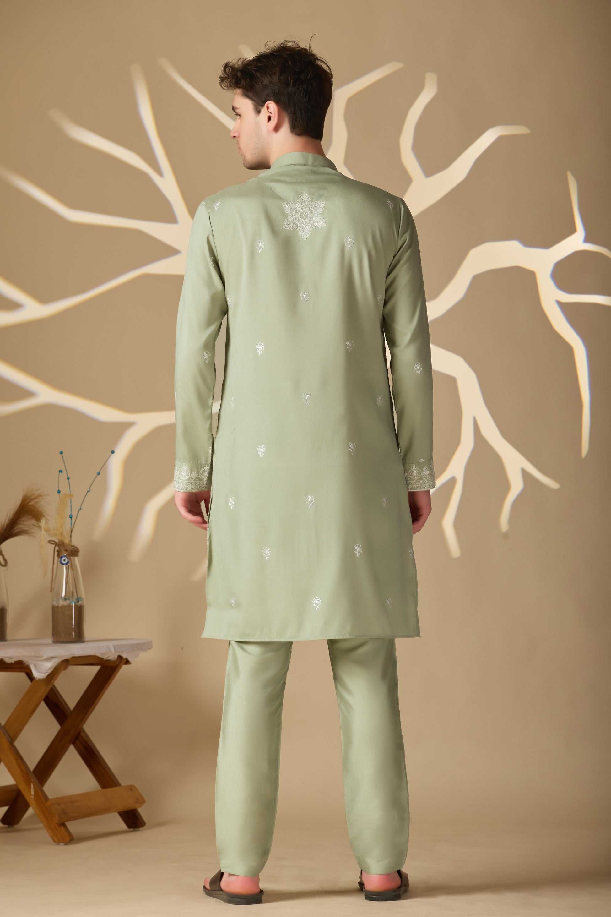 Pastel Mehendi Embroidered Kurta With Dupatta Pant Set.
