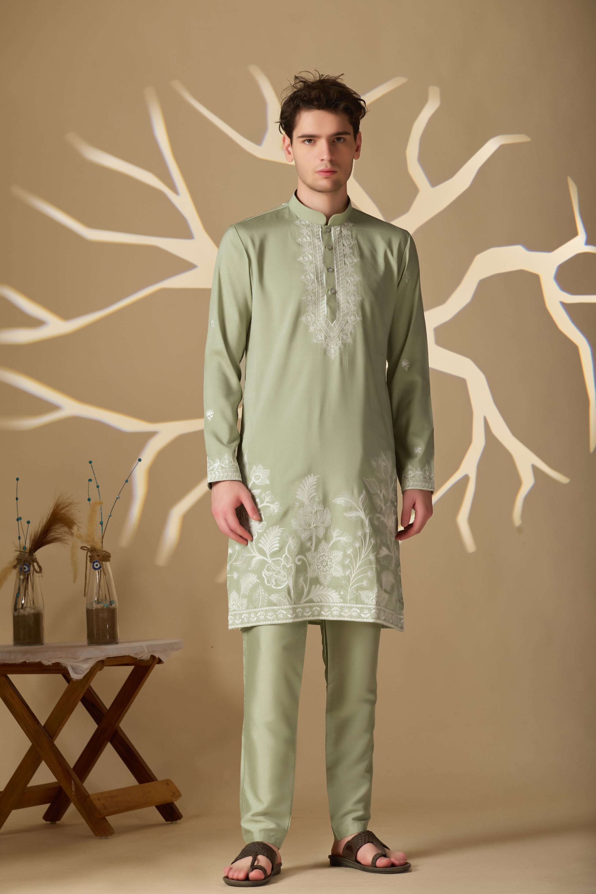 Pastel Mehendi Embroidered Kurta With Dupatta Pant Set.