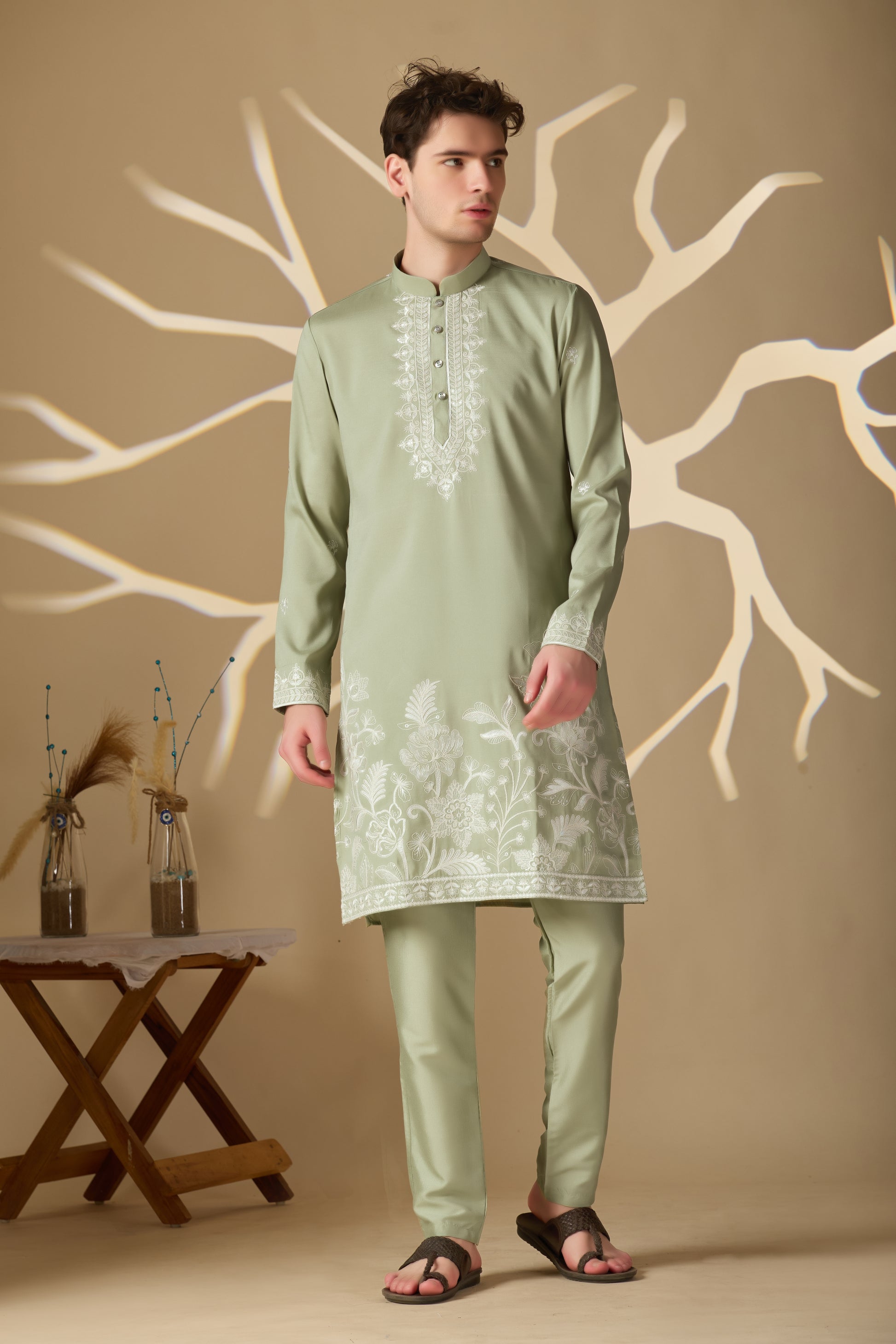 Pastel Mehendi Embroidered Kurta With Dupatta Pant Set.