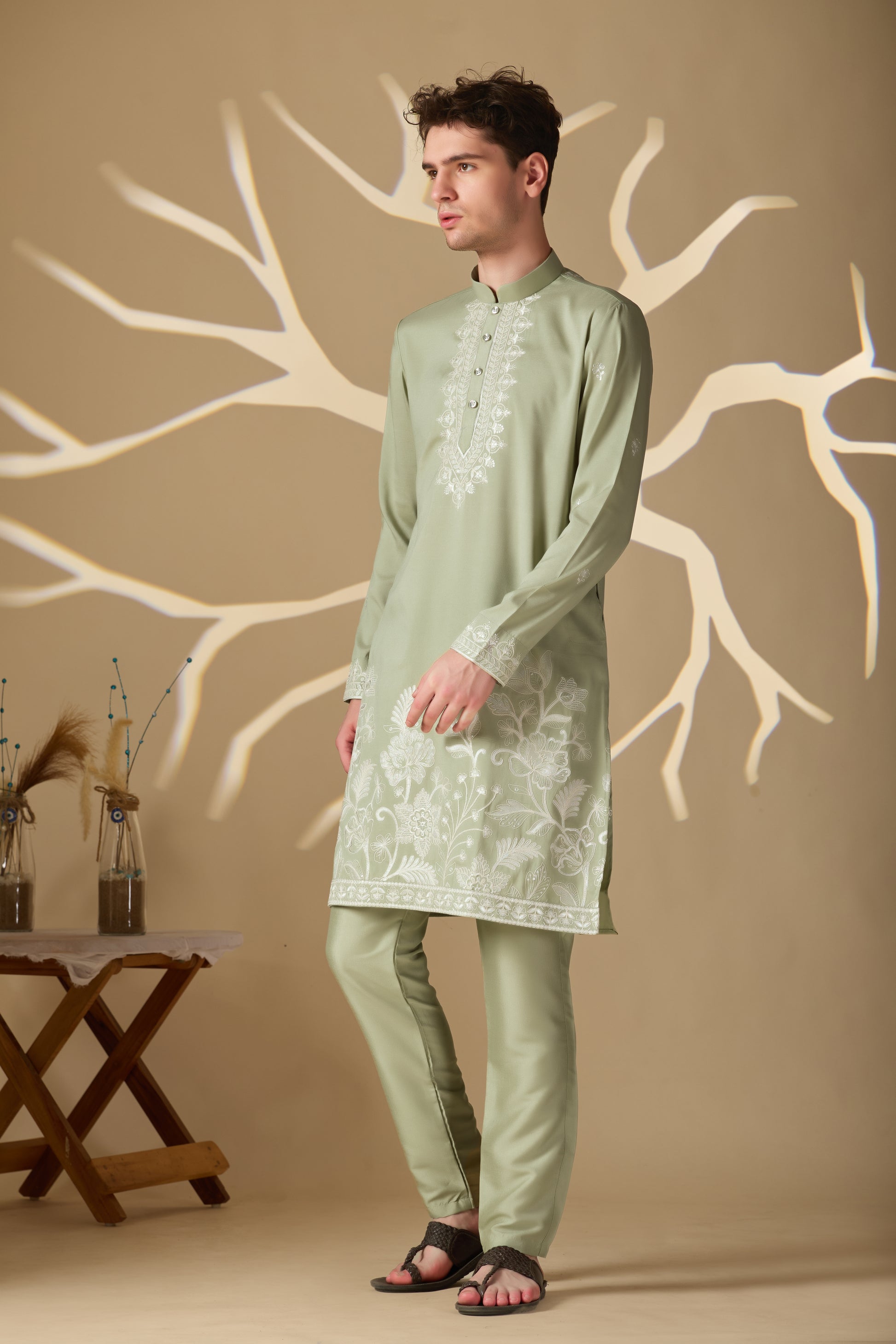 Pastel Mehendi Embroidered Kurta With Dupatta Pant Set.